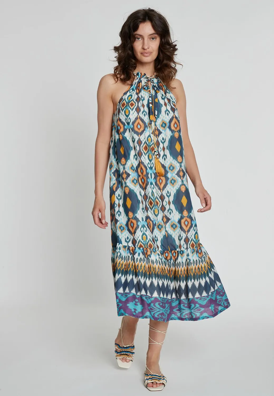 Ana Alcazar Kaini vestito neckholder midi blu giallo