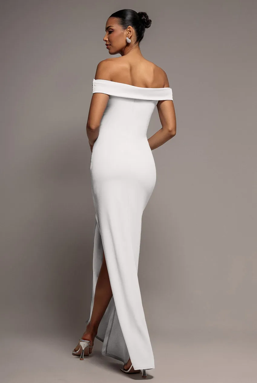 Goddiva Off Shoulder abito maxi bianco spacco scuba