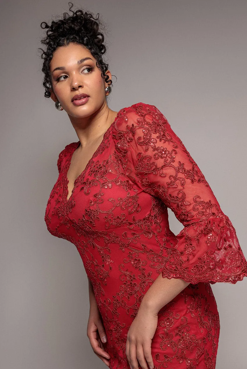 Goddiva Plus DR3960 abito midi rosso pizzo taglia 18