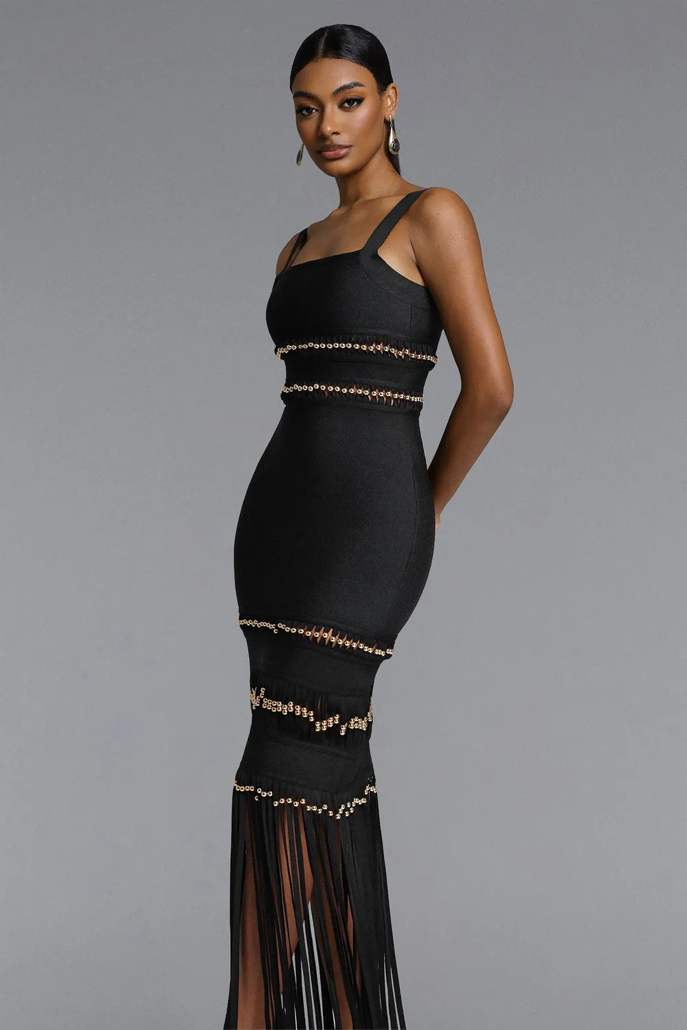 Goddiva Bella Barnett Shanley abito lungo nero L con frange