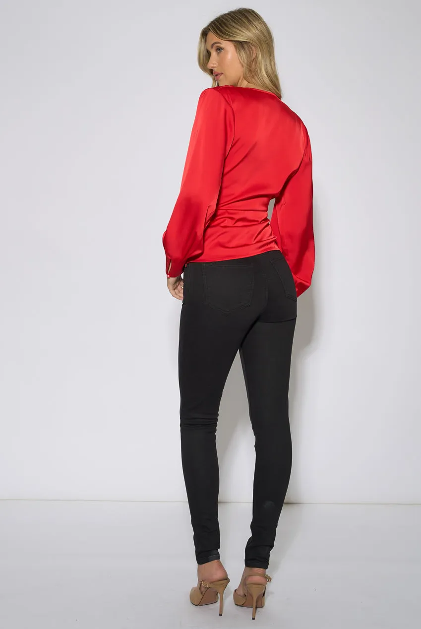 Gini London Pleat Shoulder top wrap satin rosso