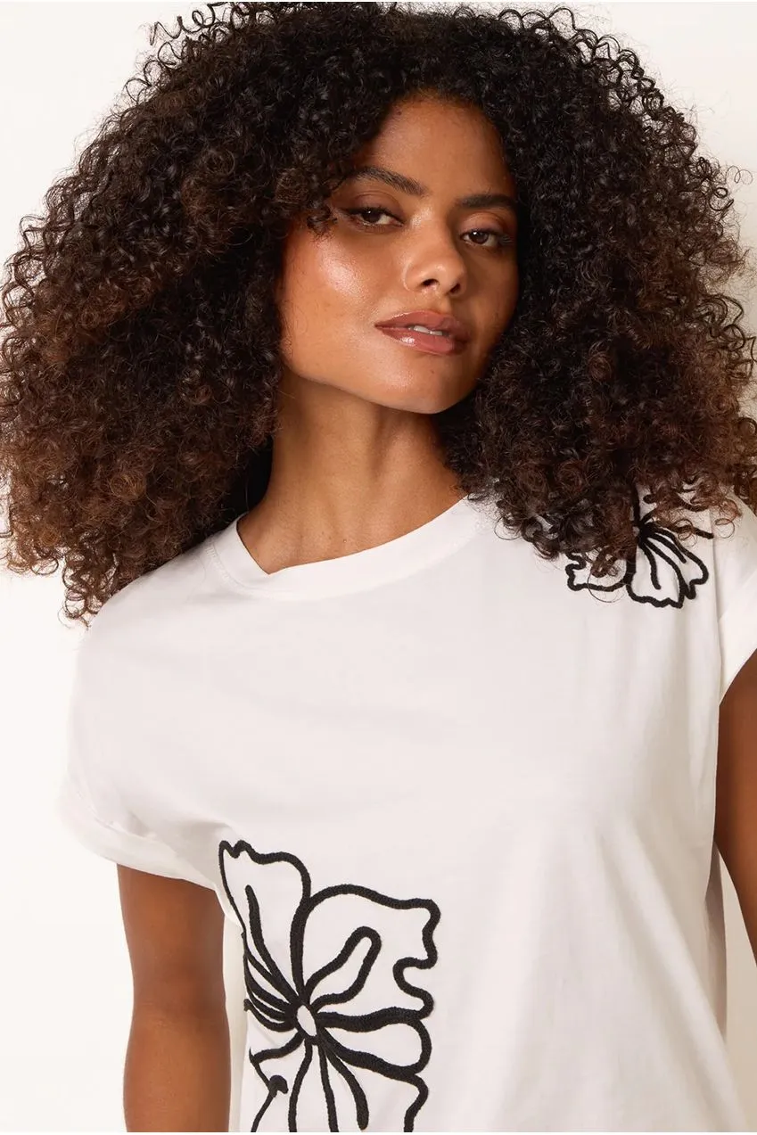 Blue Vanilla t-shirt ricamo floreale avorio S/M