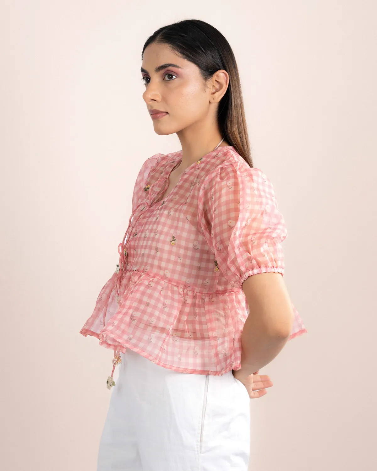 Our Dve Noe top rosa quadretti organza