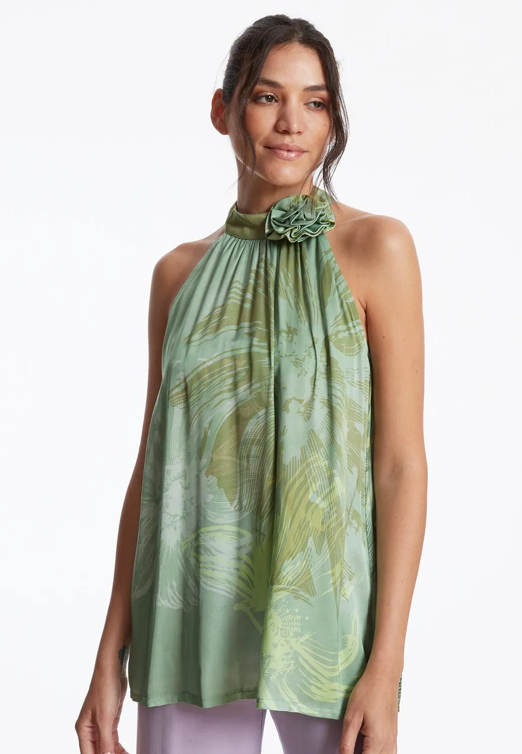 Ana Alcazar Zegora top raso verde scollo halter