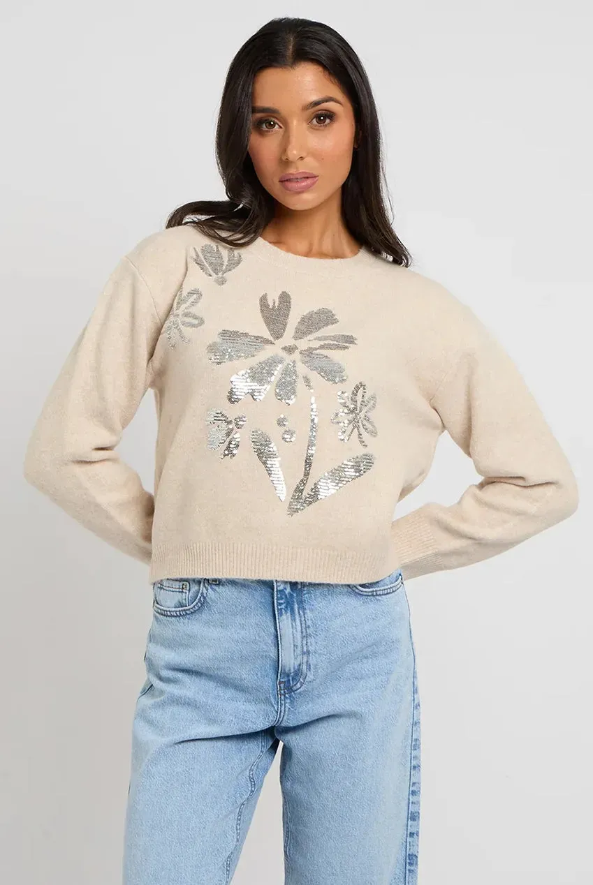 Urban Bliss Floral maglione lana paillettes floreali crema