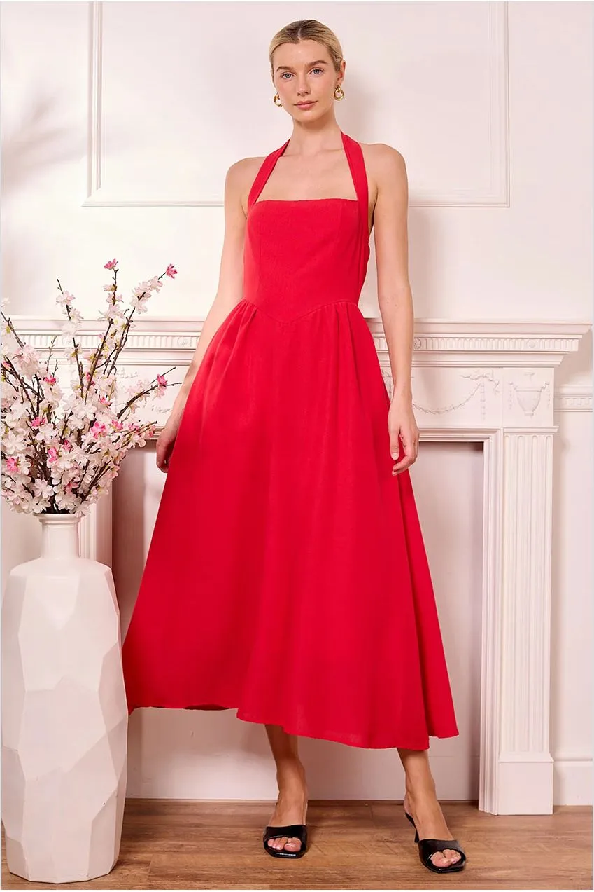 Angeleye halterneck abito midi rosso vita bassa