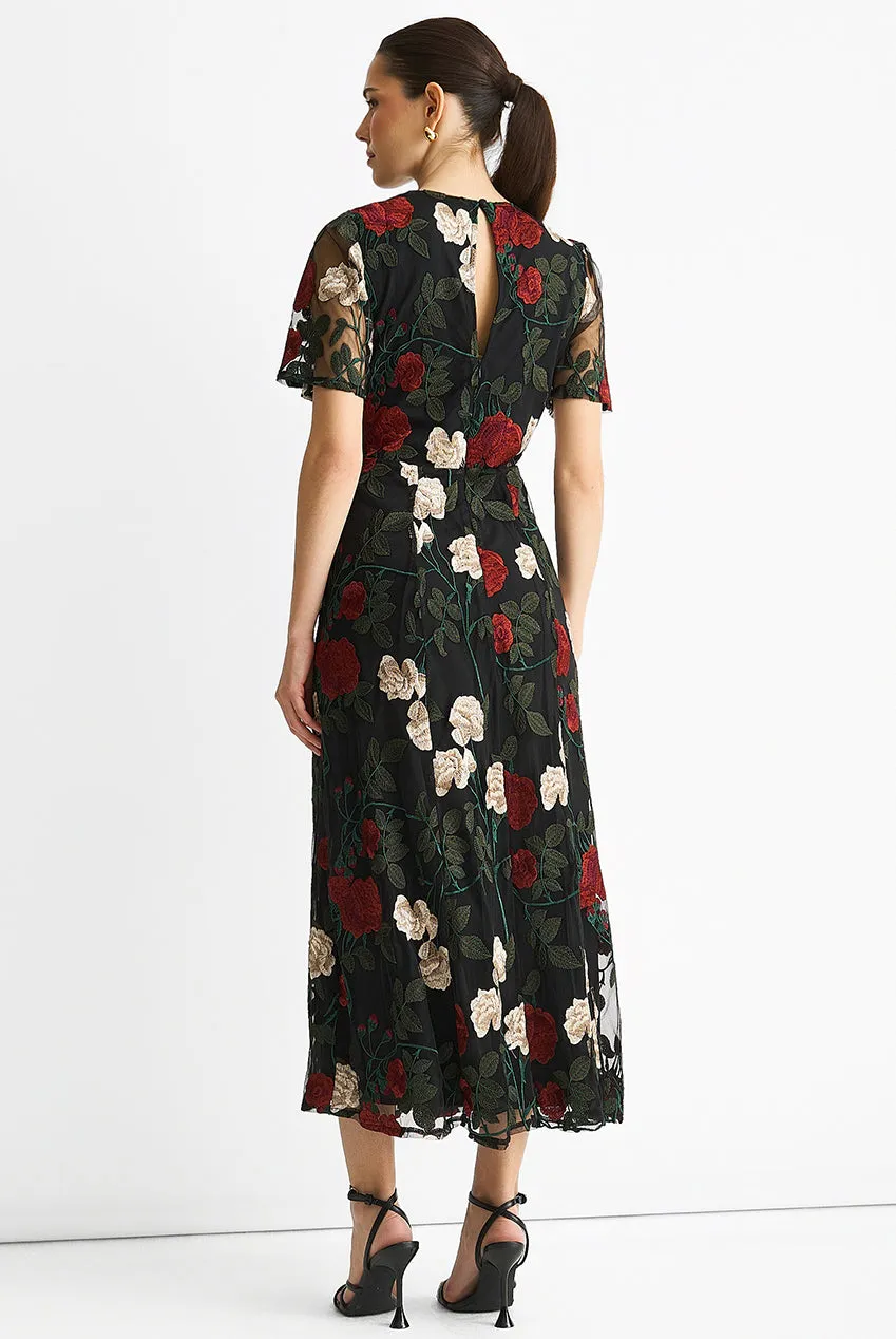 Gini London Black Angel Sleeves abito midi nero ricamato