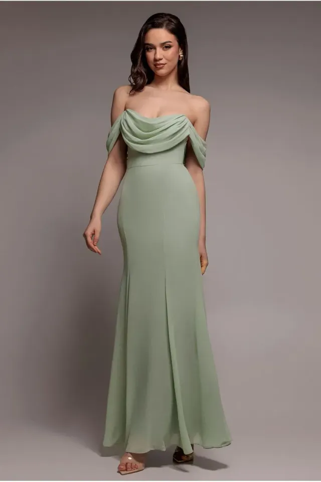 Goddiva DR2781A abito lungo chiffon verde salvia scollo cowl