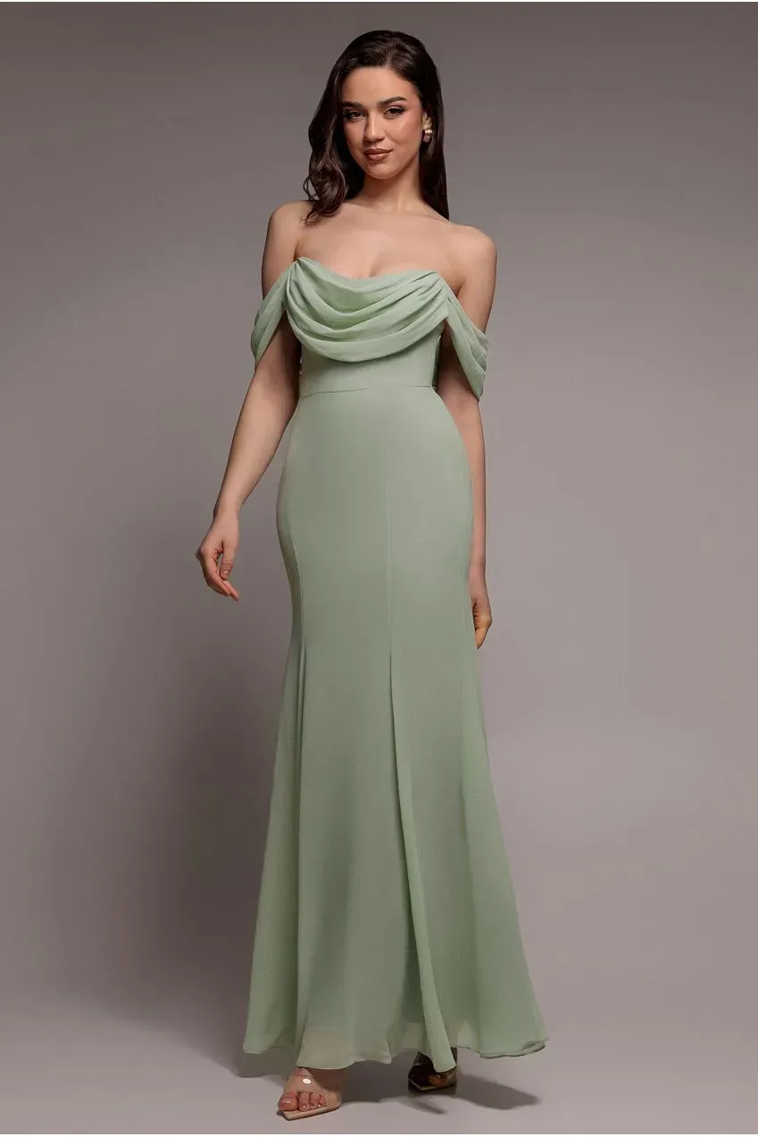 Goddiva DR2781A abito lungo chiffon verde salvia scollo cowl