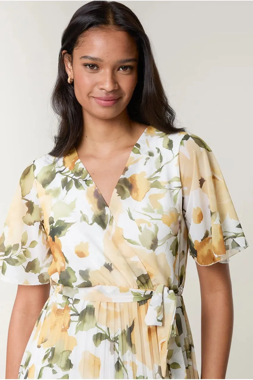 Goddiva Blue Vanilla Short Sleeve Wrap abito midi giallo