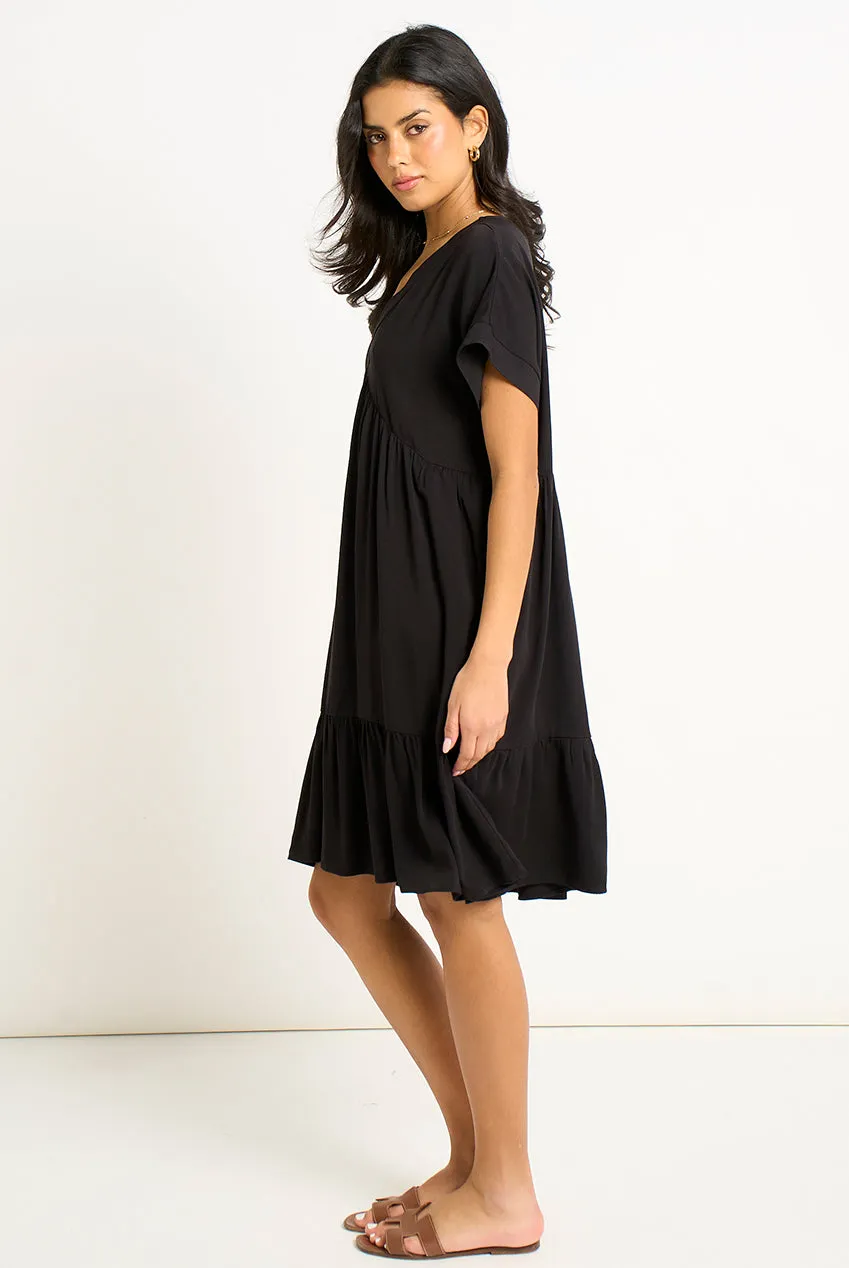 Gini London abito mini smock nero scollo V balze
