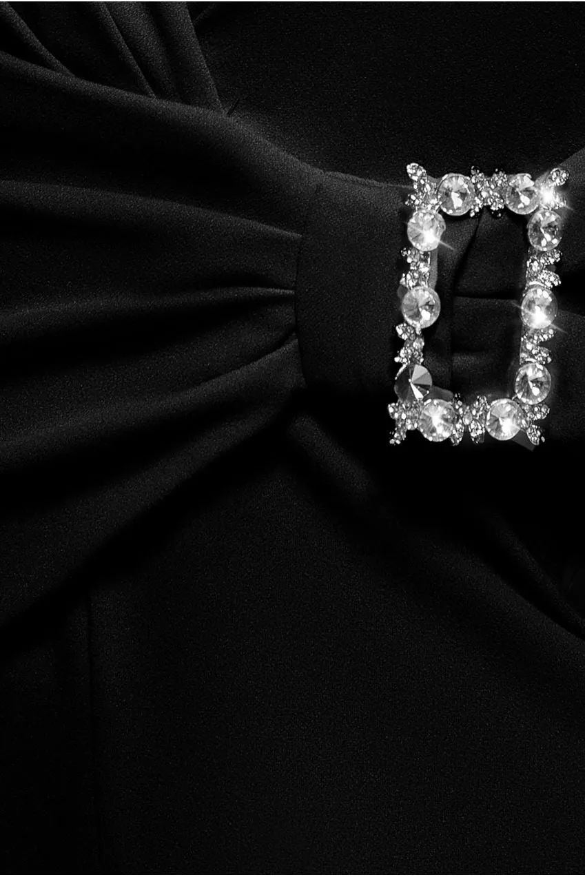 Goddiva tuta nera scollo a V fiocco vita elegante