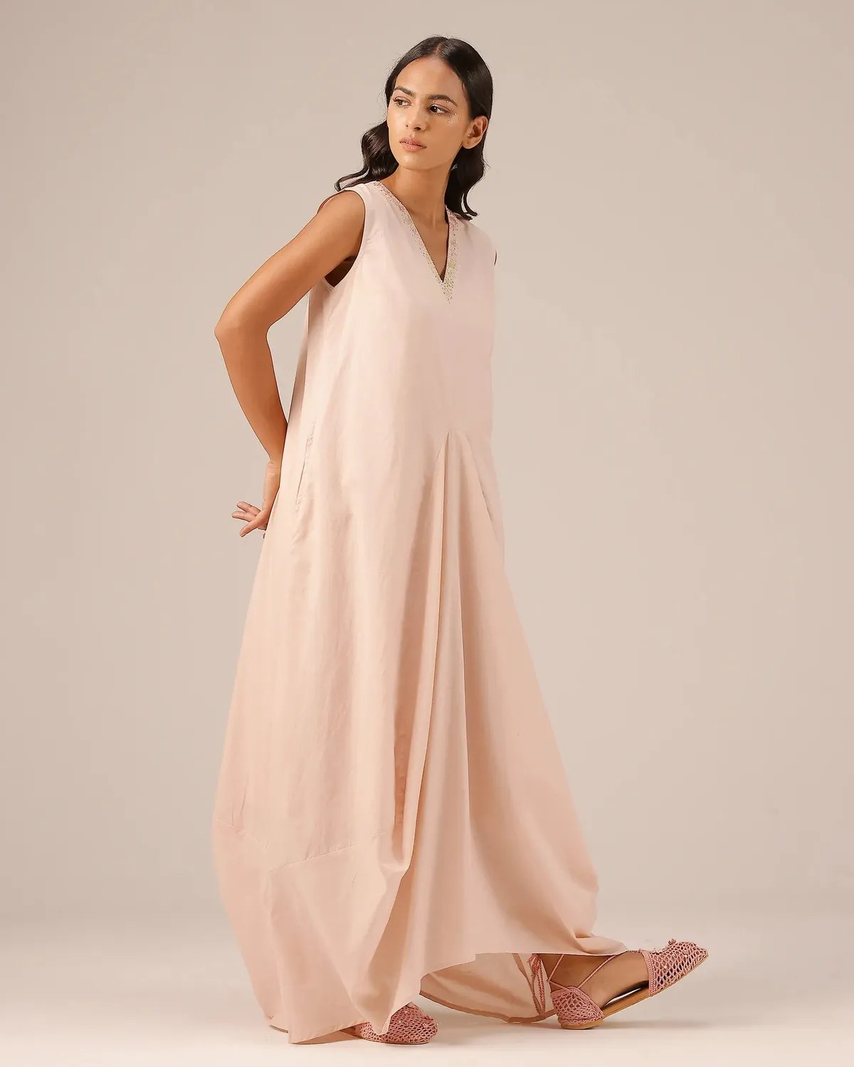 Our Dve Ocean Dusk abito lungo rosa cotone scollo V