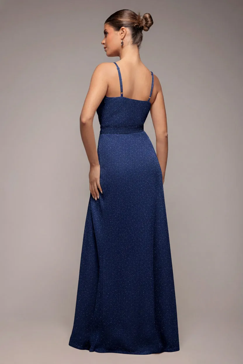 Goddiva Abito Maxi Navy Incrociato Spalline Sottili con Spacco