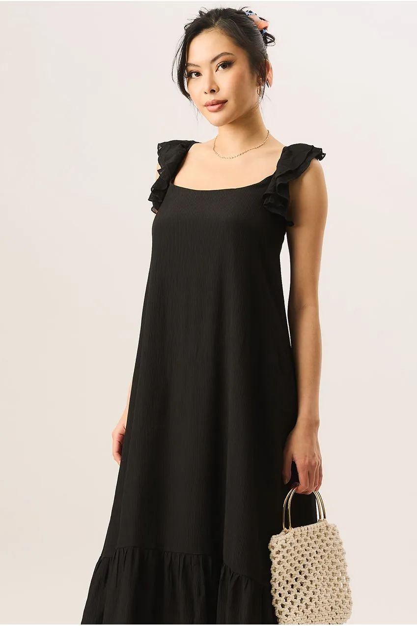 Gini London Ruffle abito lungo nero viscosa maniche corte