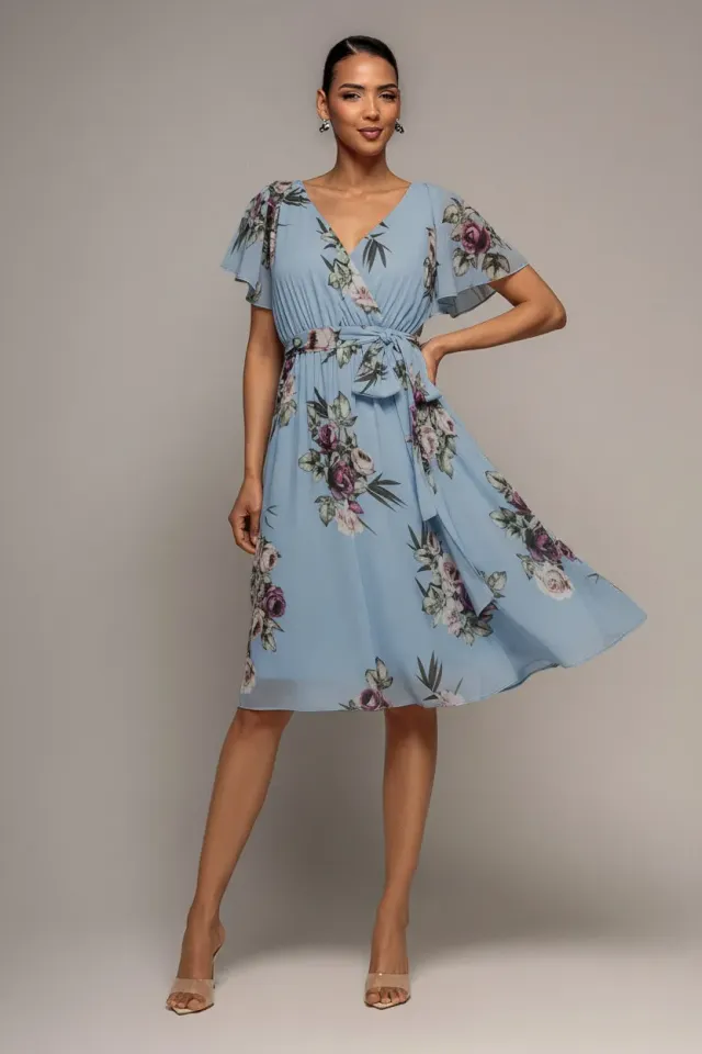 Goddiva midi wrap abito floreale blu maniche volant