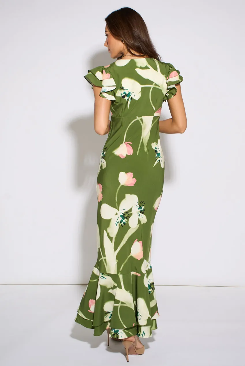 Gini London Green Floral Ruffle abito maxi verde