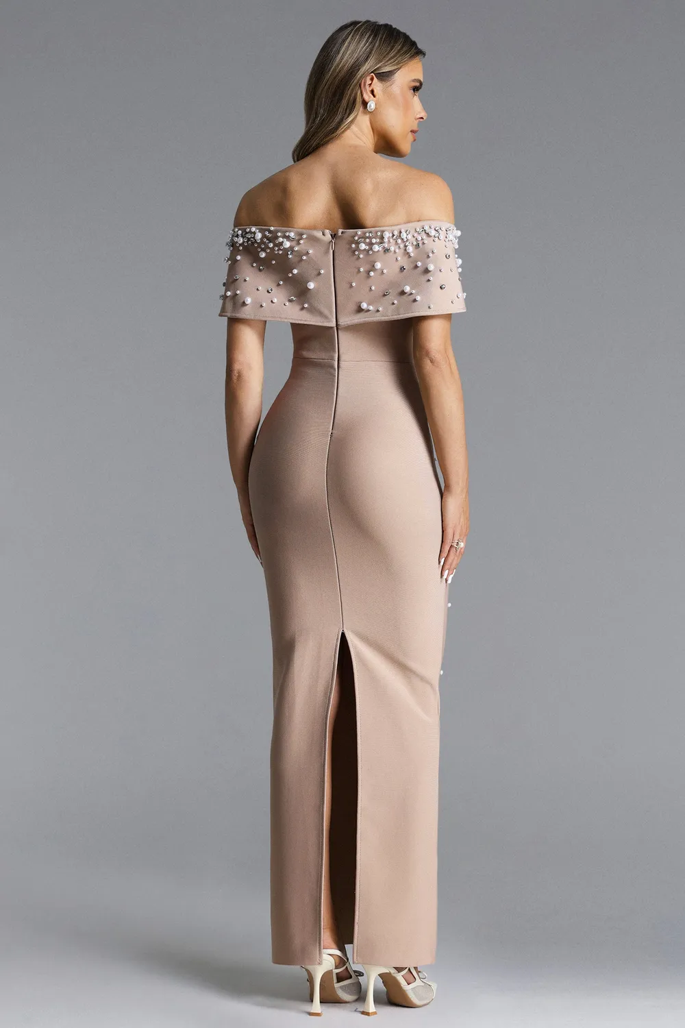 Goddiva Bella Barnett Isme abito lungo beige L spalle scoperte