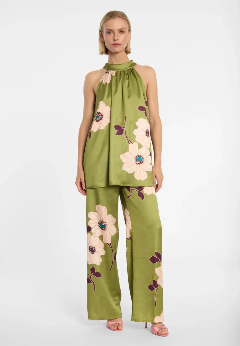 Ana Alcazar Druin top halterneck raso verde floreale