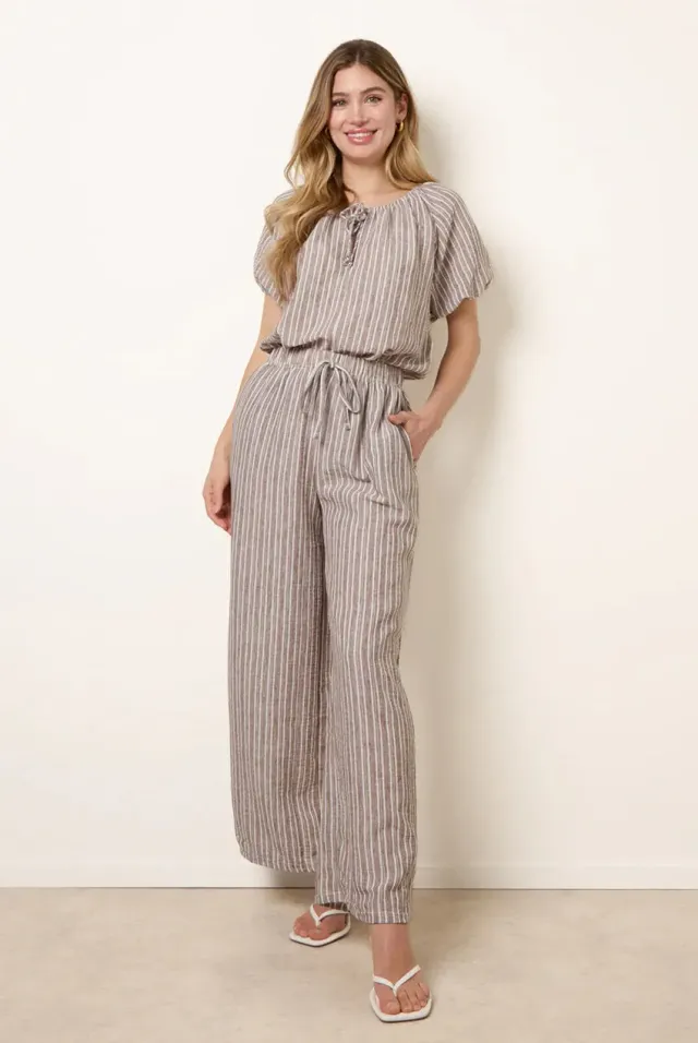 Goddiva Blue Vanilla Tie Waist Pantaloni cioccolato riga