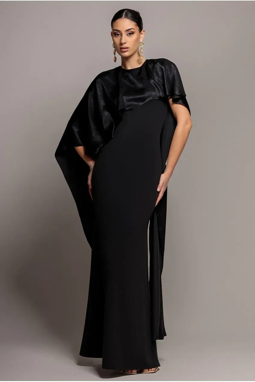 Goddiva Cape Sleeve abito satin nero maxi