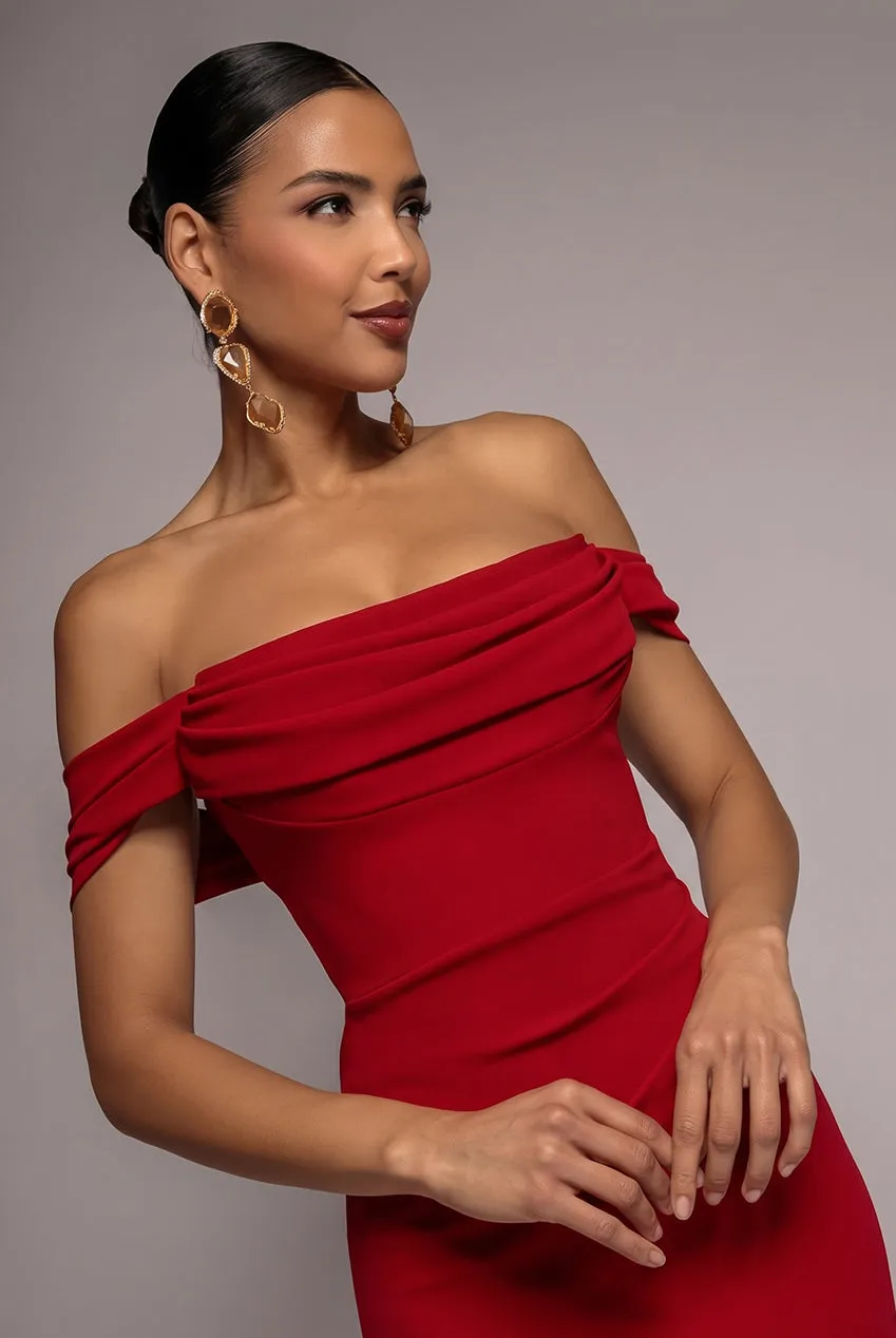 Goddiva abito maxi rosso scollo cowl spalle scoperte