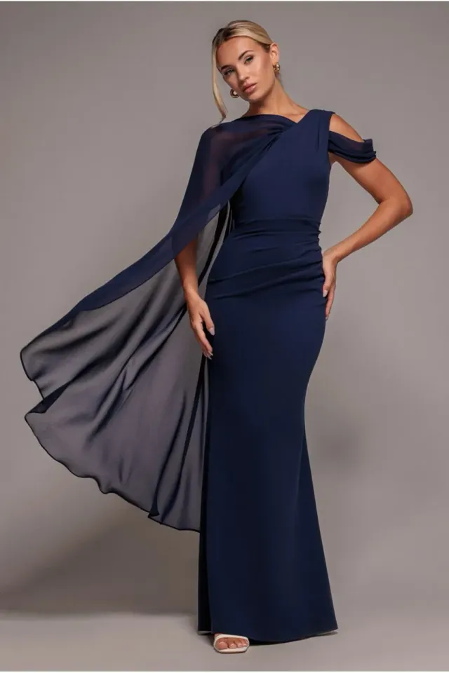 Goddiva vestito maxi blu navy monospalla mantella chiffon