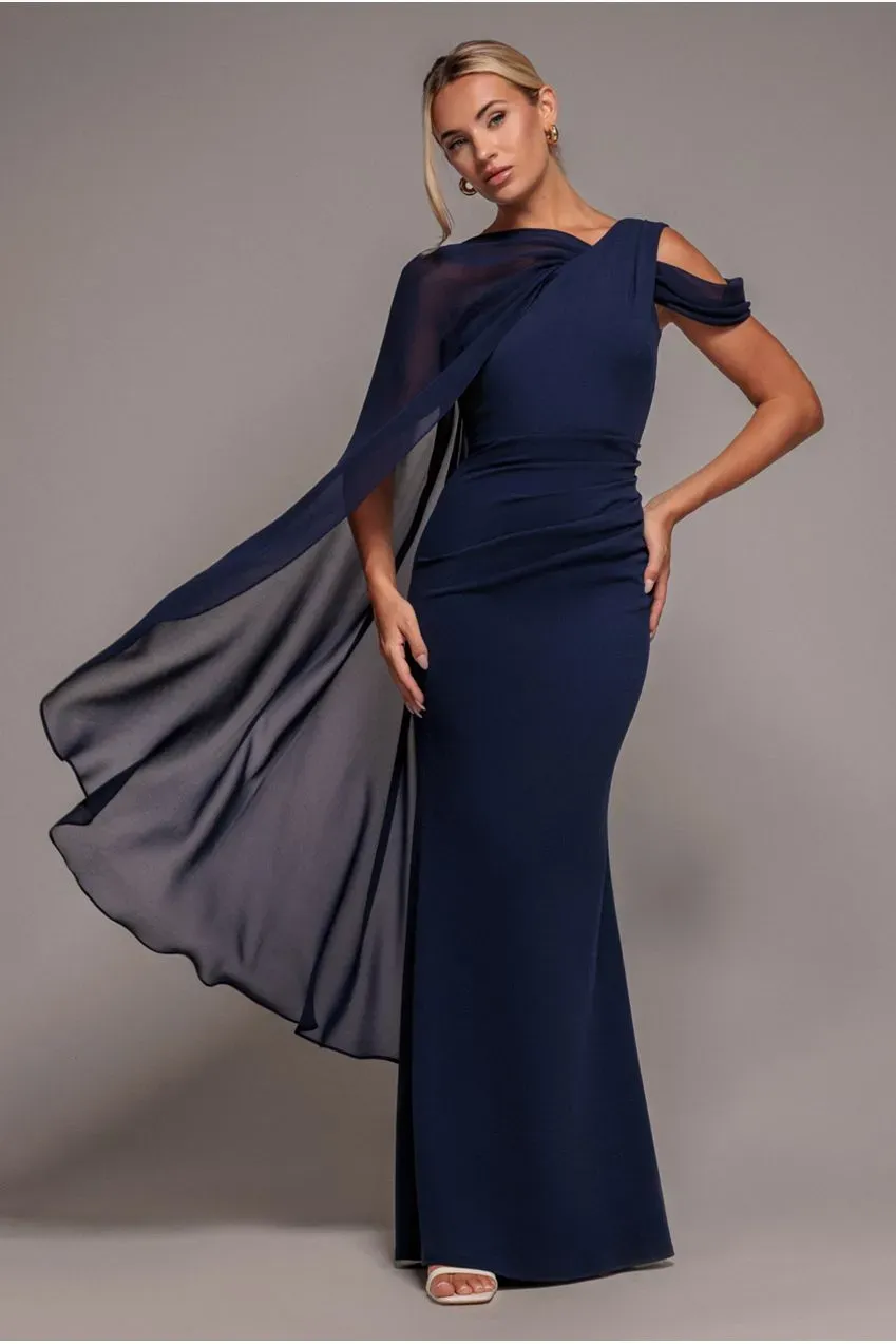 Goddiva vestito maxi blu navy monospalla mantella chiffon