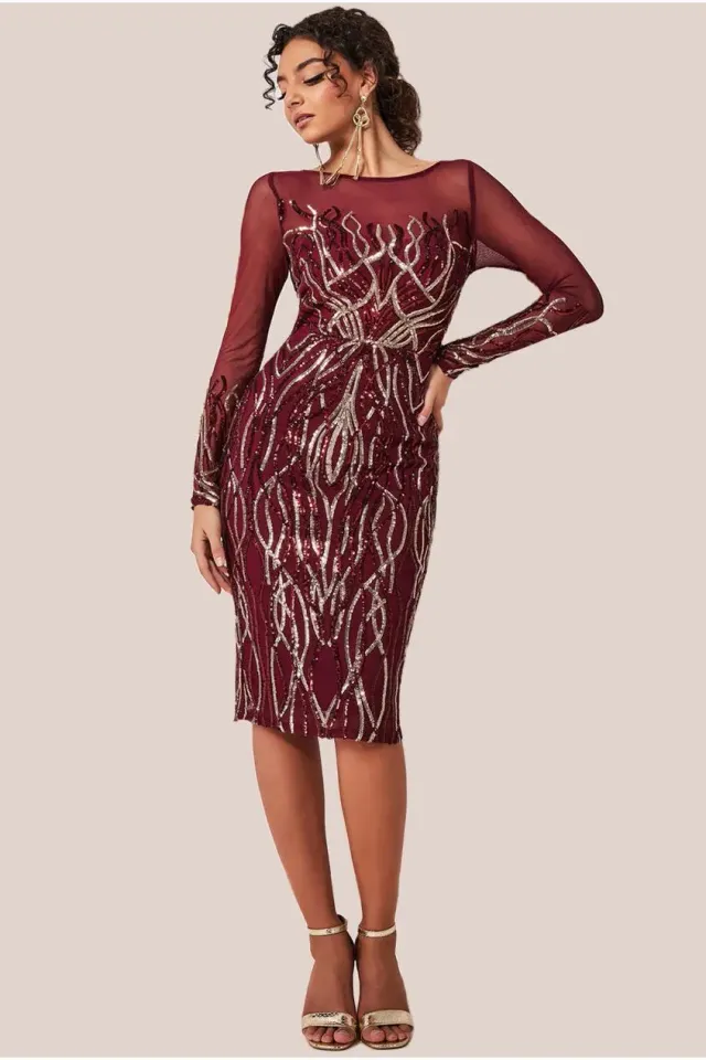 Goddiva Sequin Flame abito midi paillettes vino maniche lunghe
