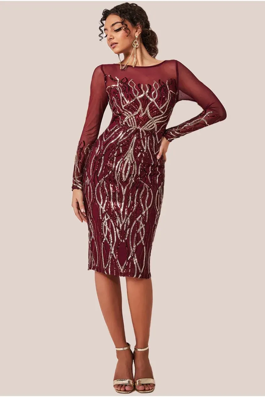 Goddiva Sequin Flame abito midi paillettes vino maniche lunghe