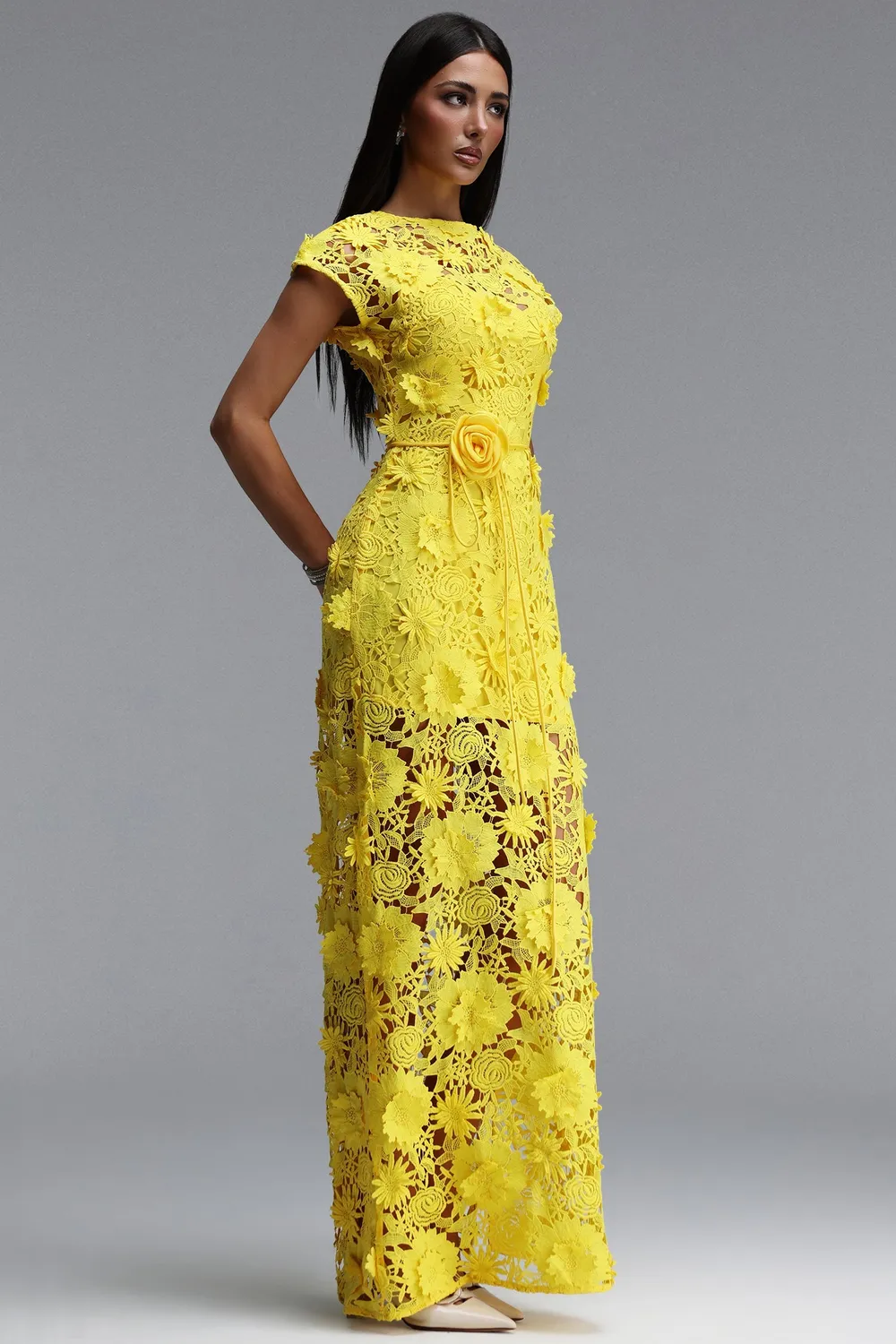Bella Barnett Martha abito maxi giallo pizzo floreale