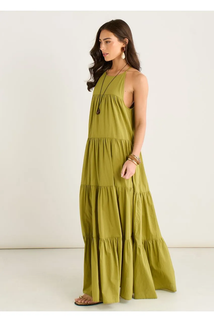 Gini London Tiered Halter abito maxi kaki balze