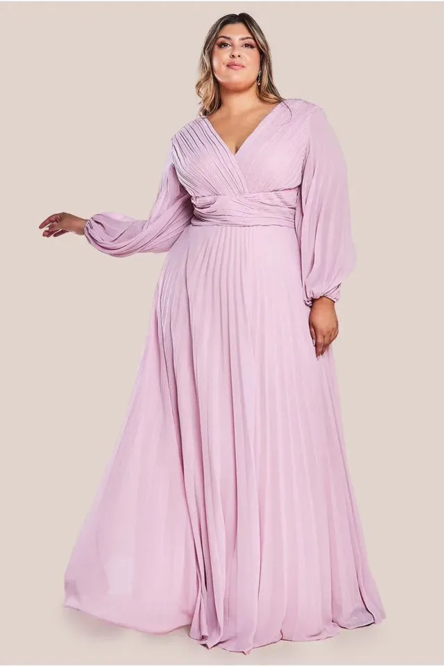 Goddiva Plus Balloon Sleeve abito maxi chiffon rosa cipria