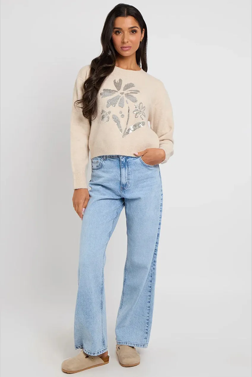 Urban Bliss Floral maglione lana paillettes floreali crema