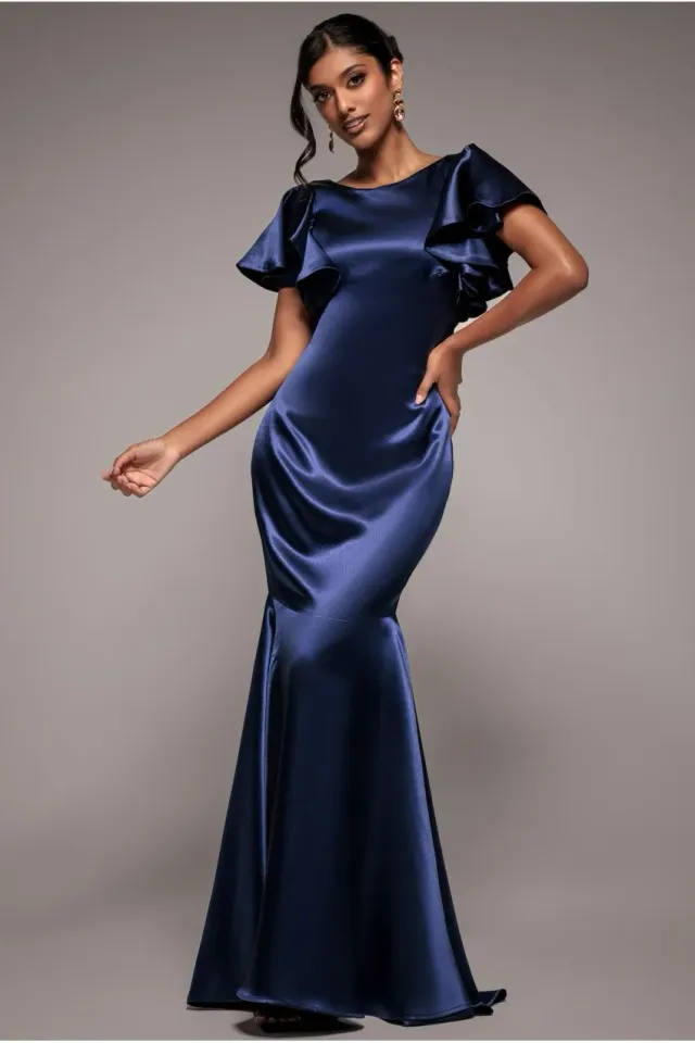 Goddiva Mermaid abito maxi raso navy maniche volant 8-18