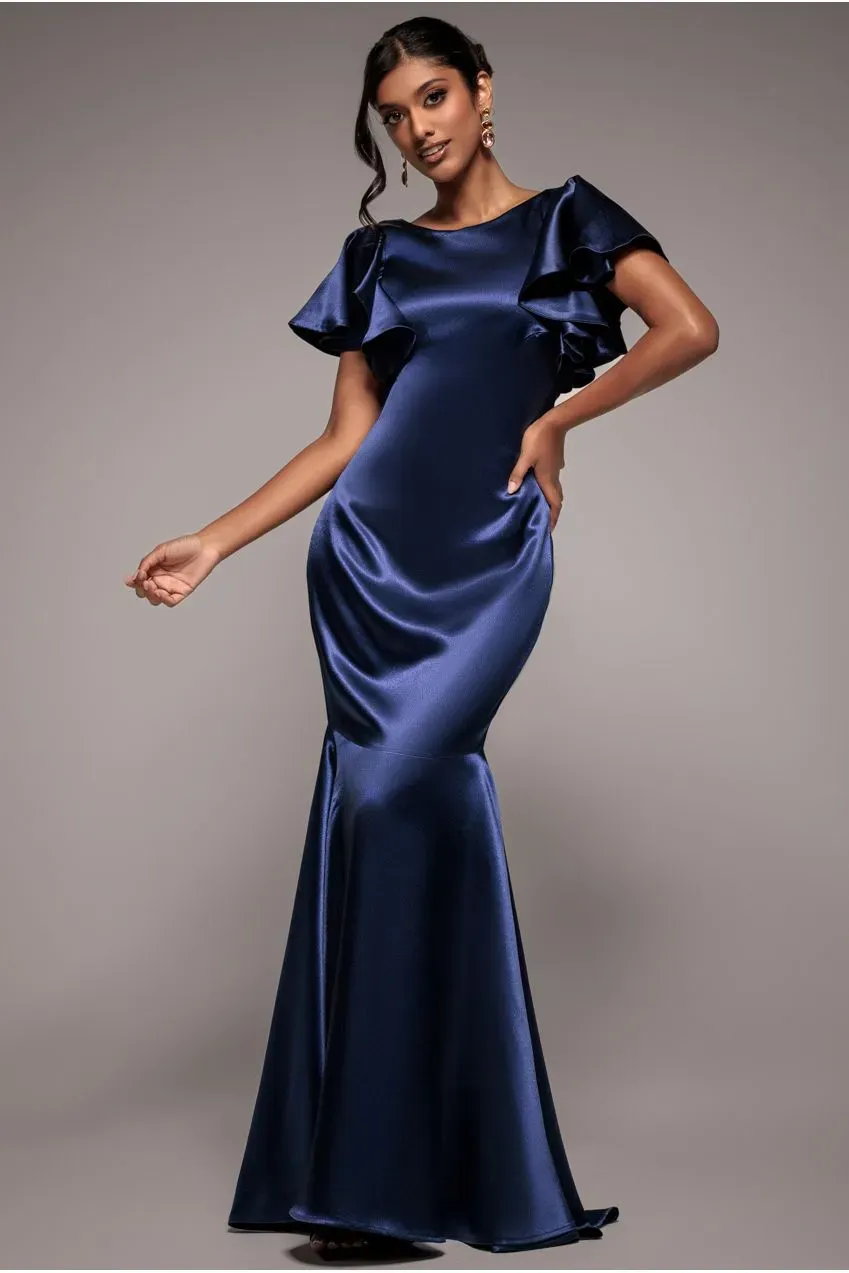 Goddiva Mermaid abito maxi raso navy maniche volant 8-18
