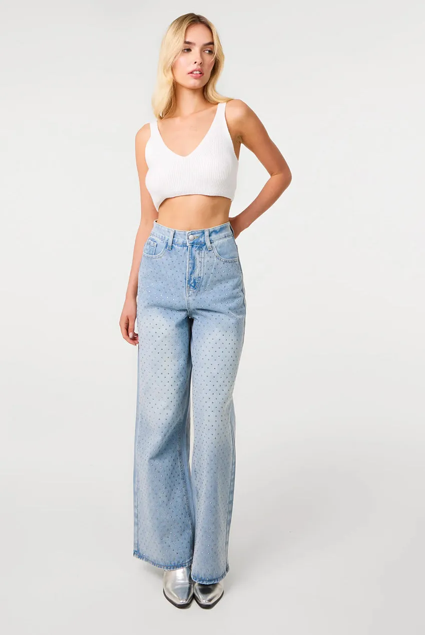 Goddiva Pink Vanilla Stud Wide Leg jeans denim borchie