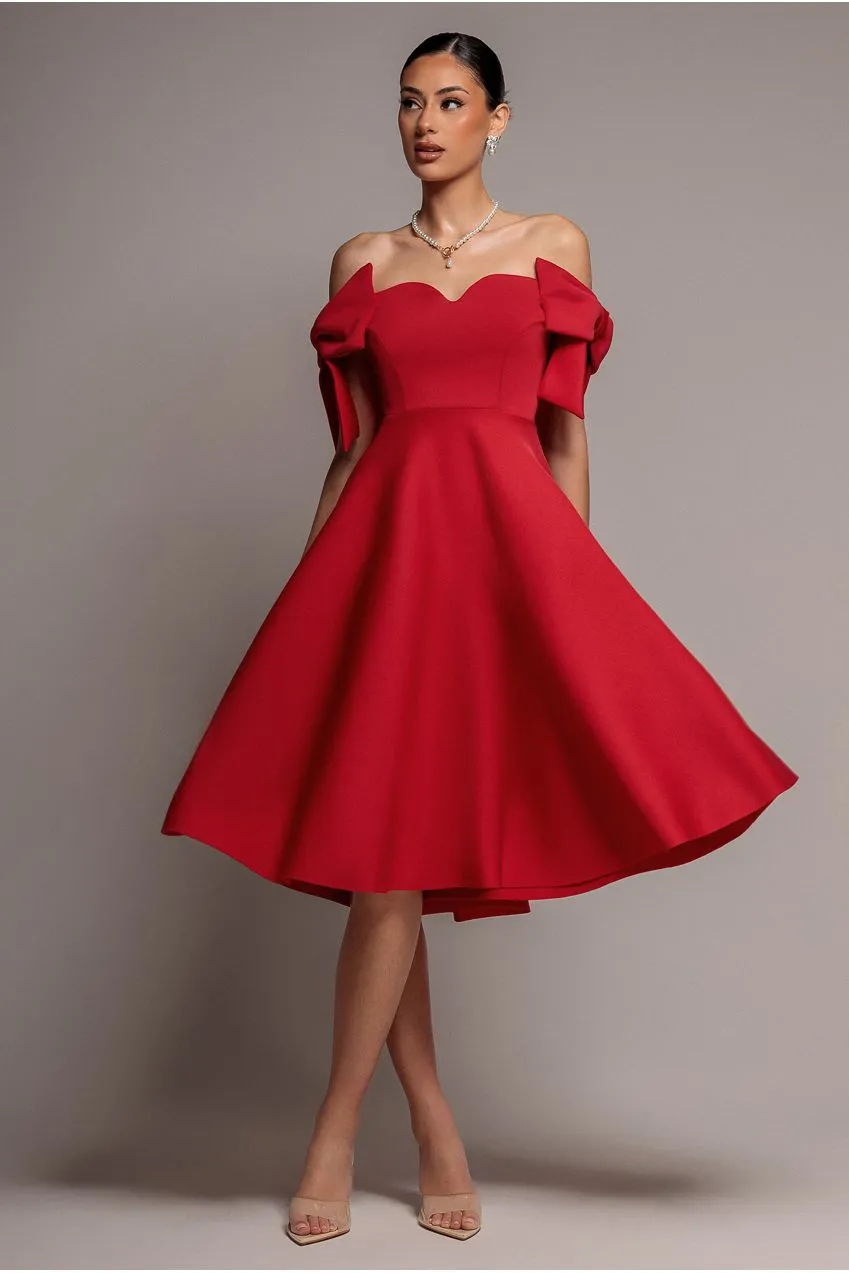 Goddiva Bardot abito midi rosso scollatura profonda 10