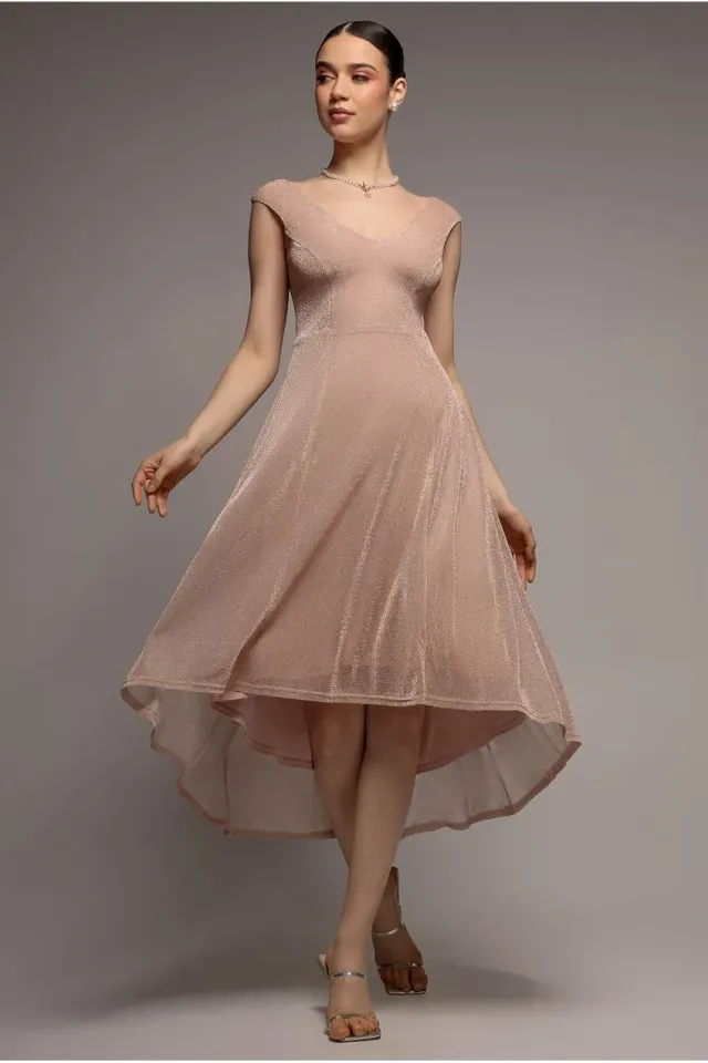 Goddiva Lurex Off Shoulder Abito Nude Corto Davanti lurex