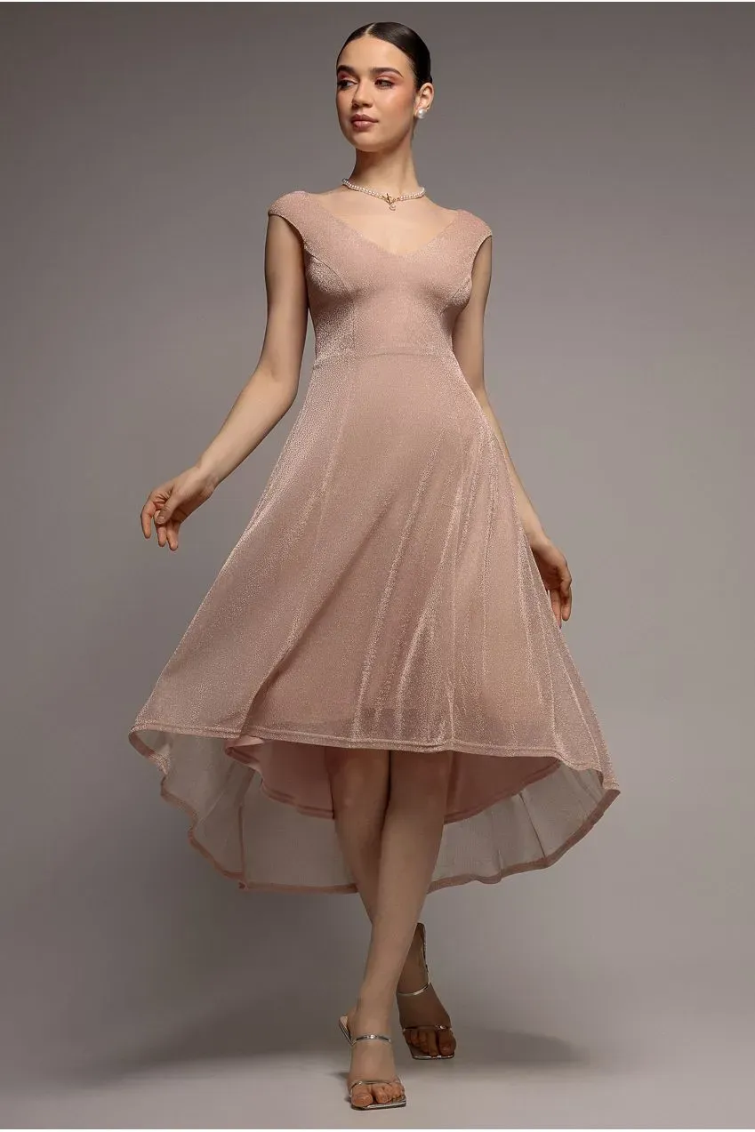 Goddiva Lurex Off Shoulder Abito Nude Corto Davanti lurex