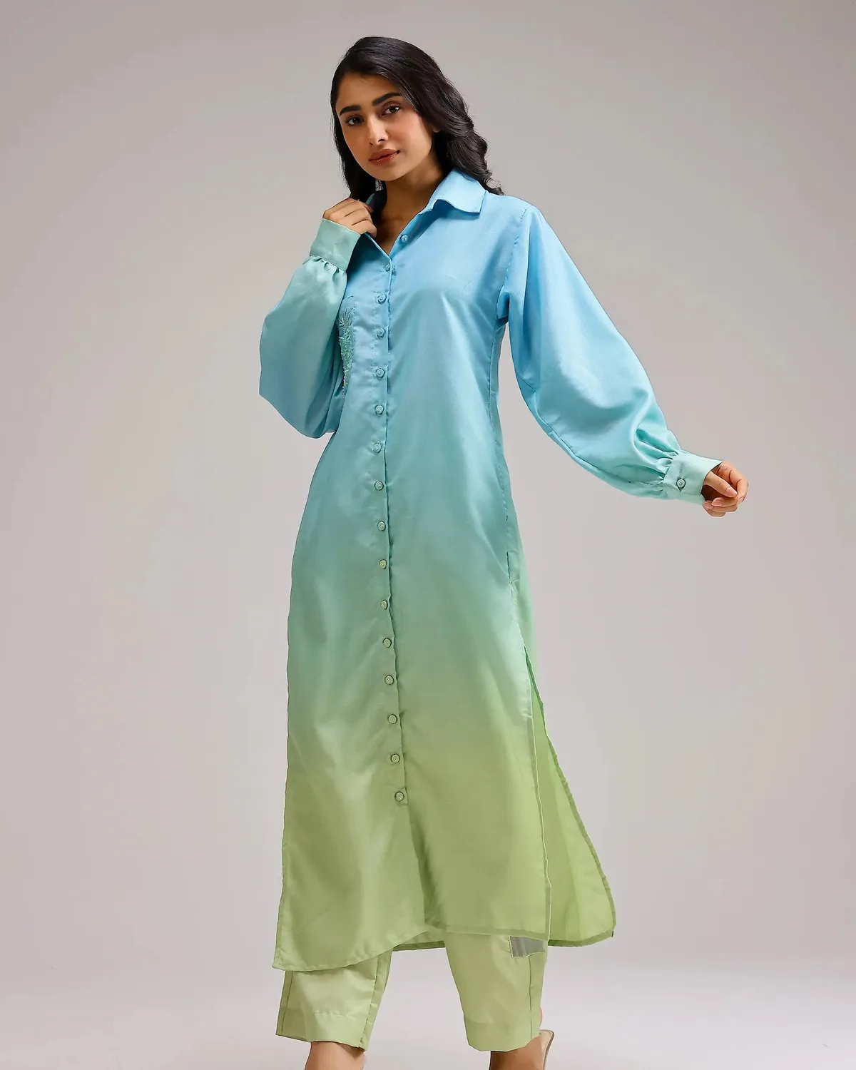 Our Dve Blush set kurta azzurro sfumato lino