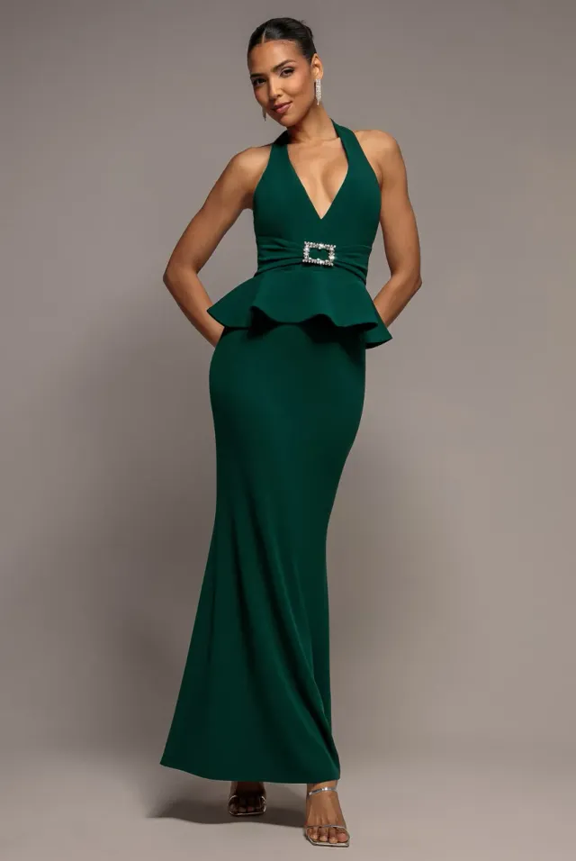 Goddiva Peplum Halter abito smeraldo con fibbia