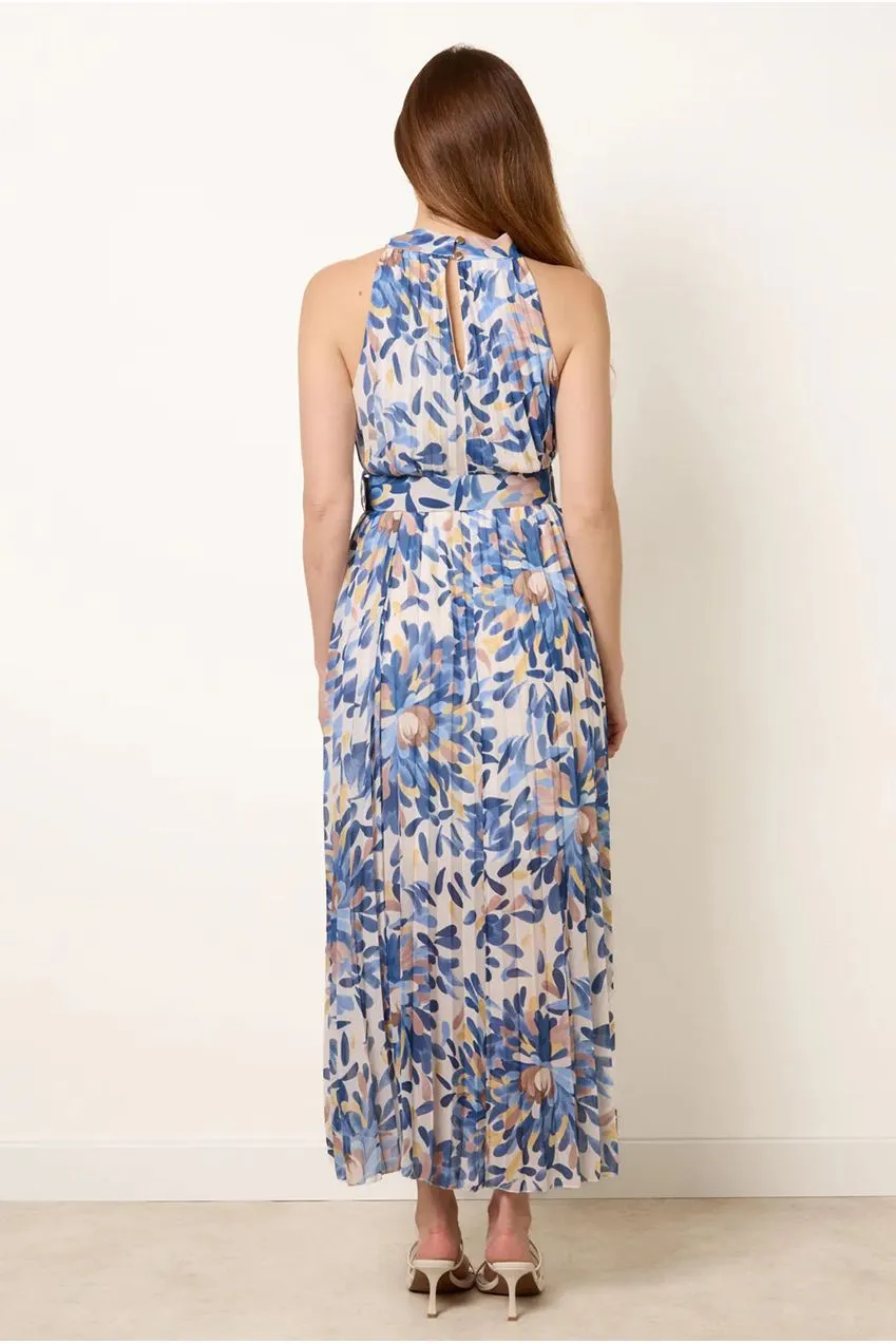 Goddiva Blue Vanilla abito midi plissettato blu navy fantasia