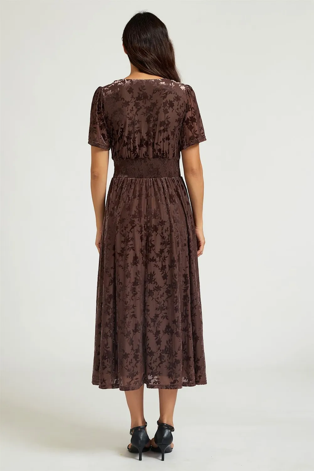 FS Collection Velvet Burnout midi abito marrone scollo V
