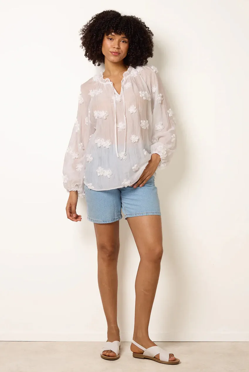 Blue Vanilla Floral Embroidery blusa avorio cotone