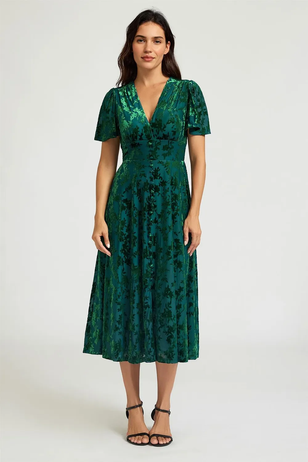 FS Collection abito midi velluto floreale verde scollo V