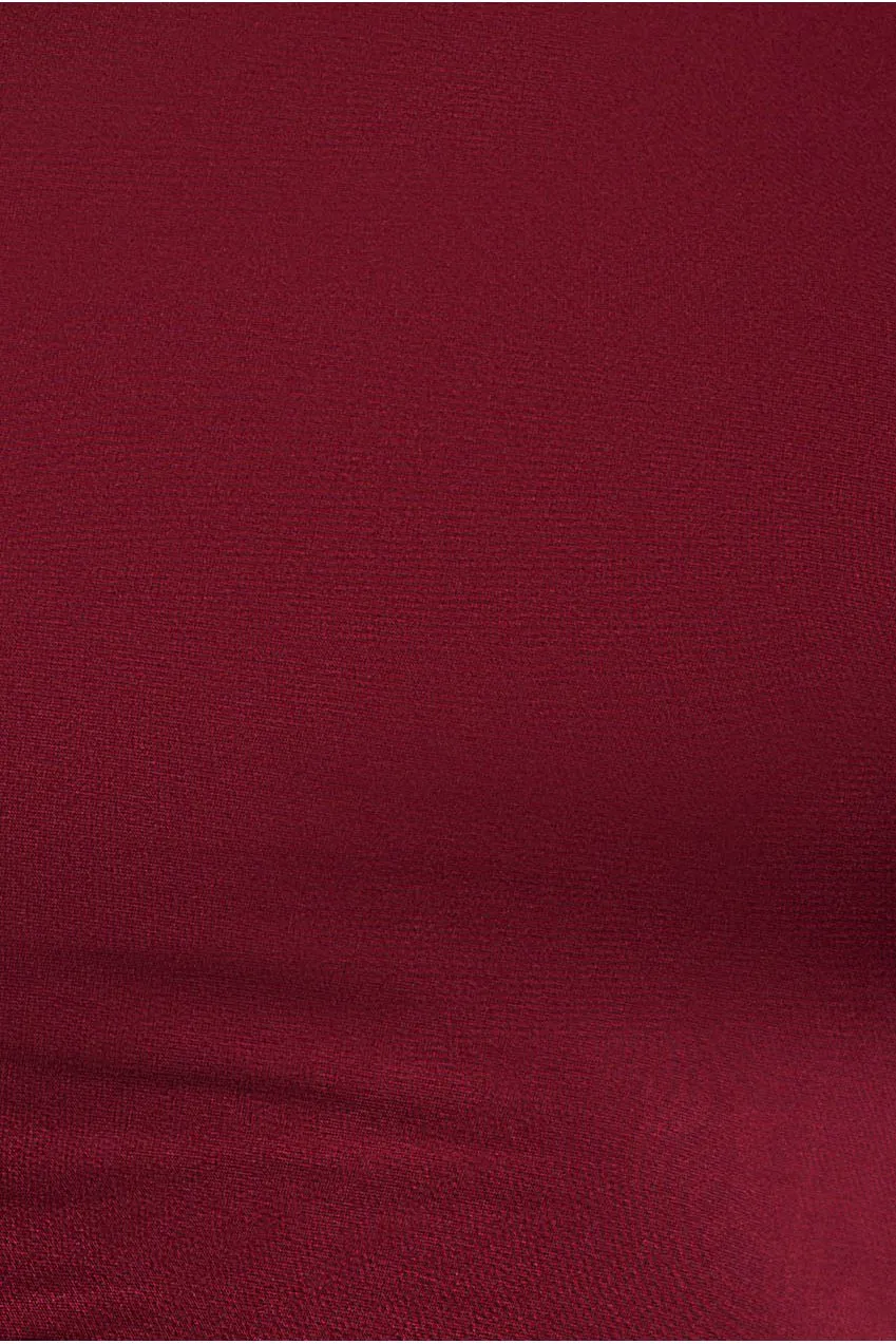 Goddiva Asymmetrical Neck Ruched abito midi vino manica lunga