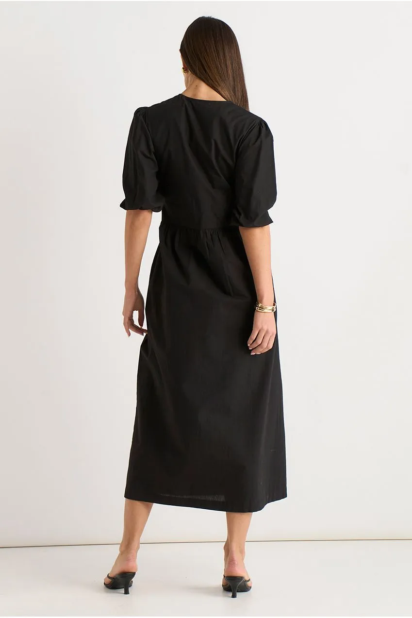 Gini London abito midi cotone ricamato nero maniche a sbuffo