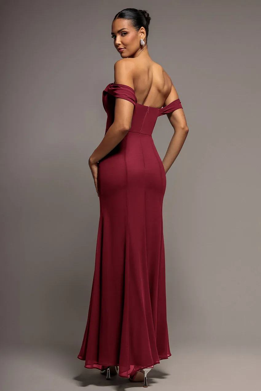 Goddiva Cowl Neck abito bordeaux chiffon bardot maxi cowl