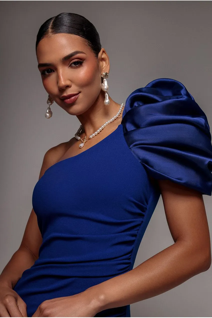 Goddiva Satin abito maxi monospalla blu royal
